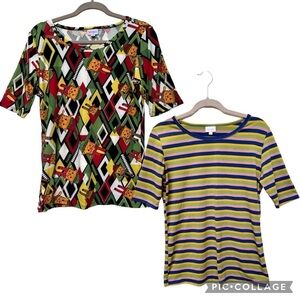 Lot of 2 LuLaRoe Gigi Short Sleeve Tops - Santa Kitty and Multi Stripes Sz M NWT